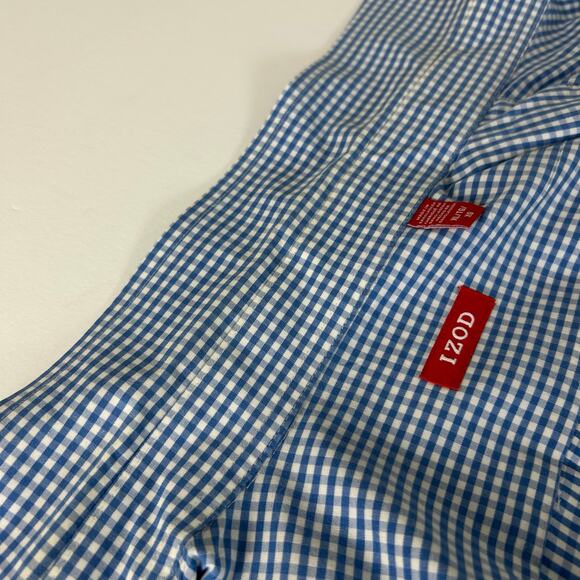 IZOD Gingham Shirt XL Mens Button Up Long Sleeves 100% Cotton Blue Check FLAW - Picture 4 of 12